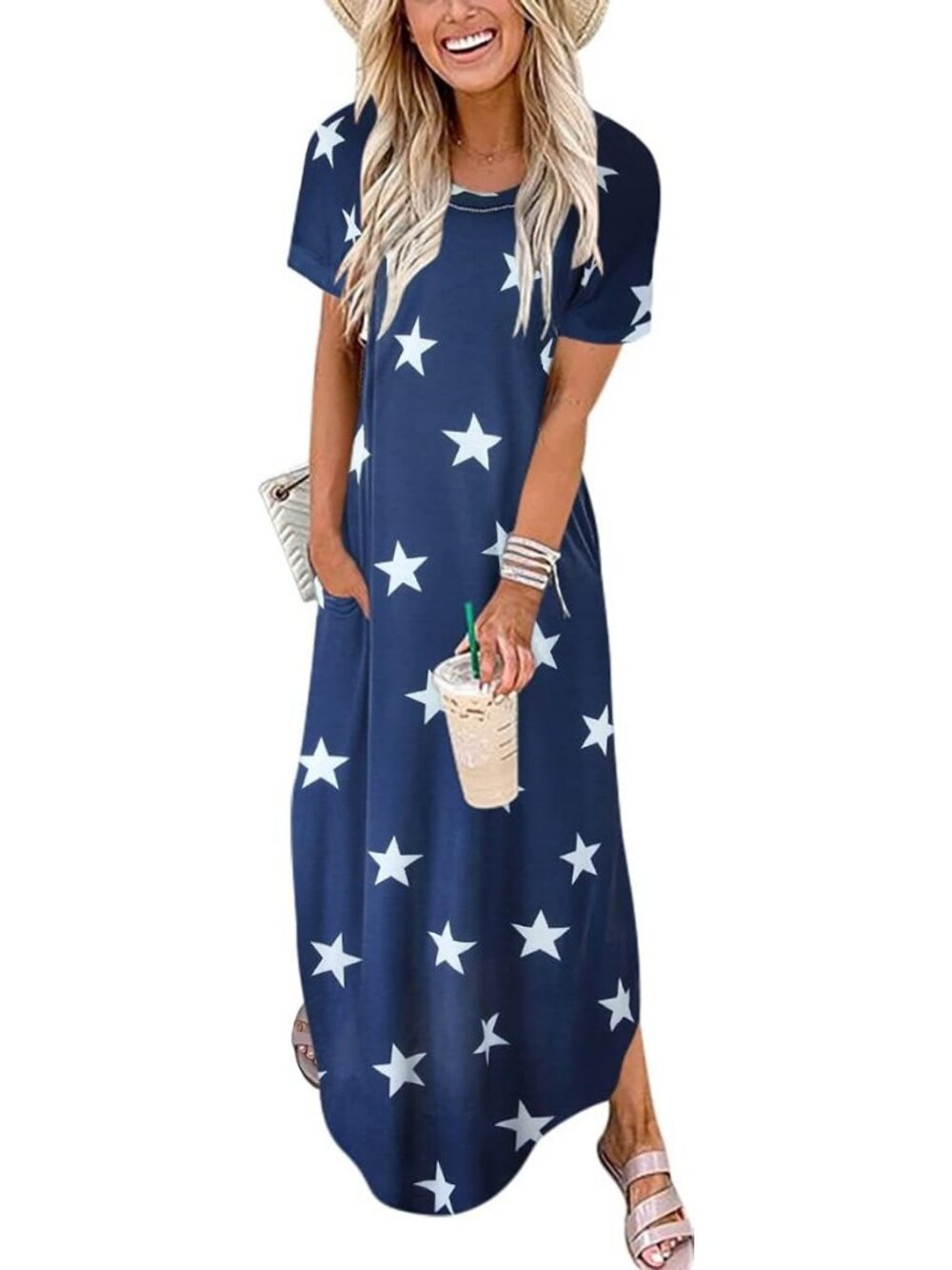 Women's Star Summer Maxi Dress Short Sleeve Casual Split Beach Long T Shirt